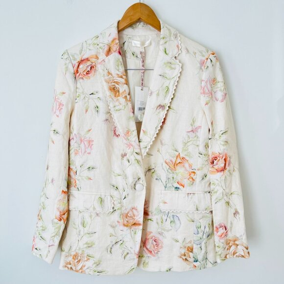 LoveShackFancy Ofra Linen Blazer Cream Burnt Orange Multi Floral Size Small NWT - Picture 2 of 15